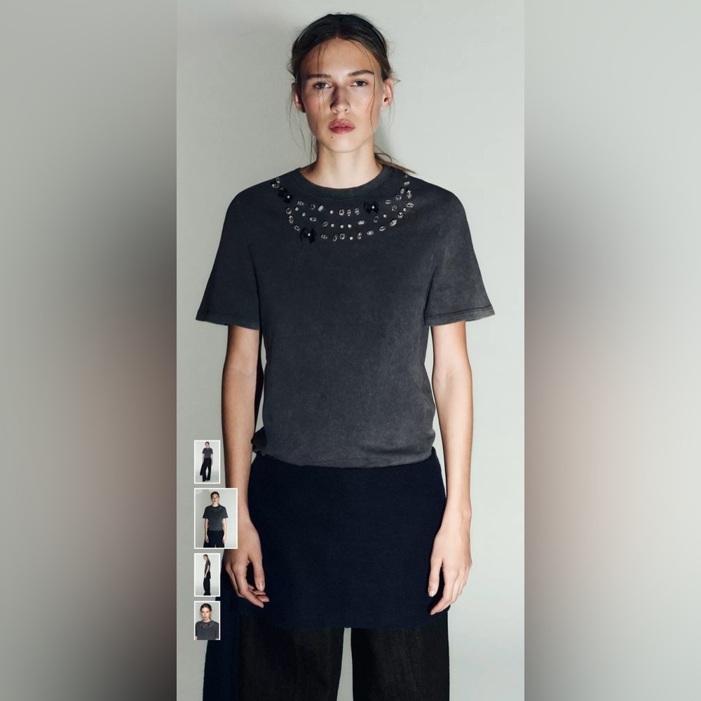 Zara Anthracite Gray T-Shirt With Rhinestones & Bows | XL | Cotton | NWT - Picture 2 of 14